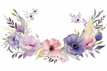 Obraz na płótnie Canvas Delicate floral frame with watercolor wildflowers and leaves, perfect for weddings and greetings. Generative AI