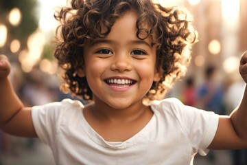 Portrait of happy smiling little boy with curly hairstyle celebrating 