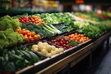 Fruits and vegetables in the refrigerated shelf of a supermarket  - obrazy, fototapety, plakaty