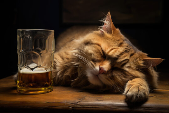 Drunk cat drinking beer