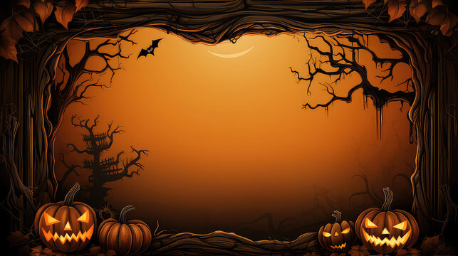 halloween Theme Frame with Pumpkins and scary tree, Generative AI