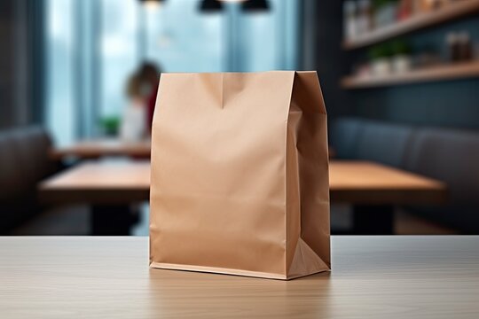empty brown paper bag is sitting on wooden table