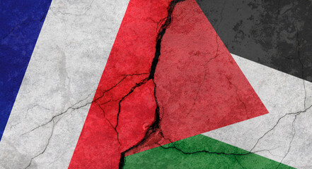 French and Palestinian flags, cracked concrete wall texture, grunge background, military conflict concept