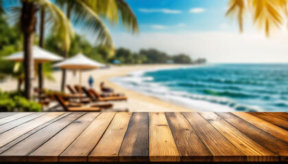 Fototapeta premium Empty wooden floor for product display montage with blurred sea background