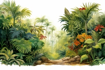 Colorful watercolor illustration of a tropical jungle with a transparent background, showcasing a vibrant woodland landscape. Generative AI