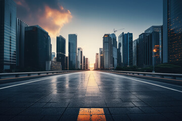 Empty road of a modern city with skyscrapers - obrazy, fototapety, plakaty