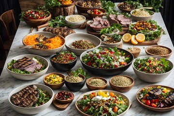 Fototapeta premium Fresh food. Vegetables and steaming meat. Outside grill. Generative AI.