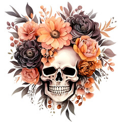 Halloween bouquet with skull watercolor design with transparent background, PNG illustration