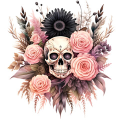 Halloween bouquet with skull watercolor design with transparent background, PNG illustration