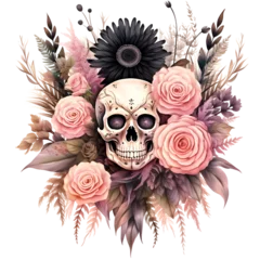 Wall murals Aquarel Skull Halloween bouquet with skull watercolor design with transparent background, PNG illustration