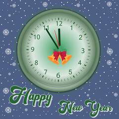 Happy New Year greeting card with round clock. Merry Xmas and Happy 2024 New Year