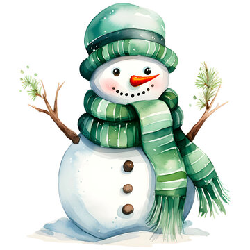 Cute green snowman watercolor design with transparent background, PNG illustration