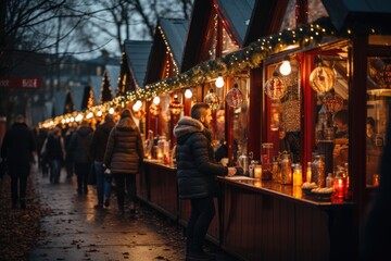 Obraz premium Christmas market with festive stalls, sellers and visitors