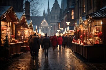 Obraz premium Photo of a busy Christmas market: festive stalls, vendors and visitors, bright festive atmosphere