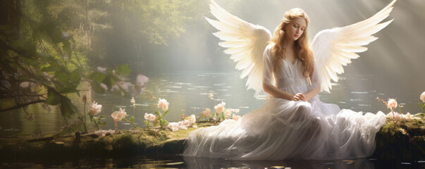 Ethereal and heavenly guardian angel watching over a peaceful scene - obrazy, fototapety, plakaty