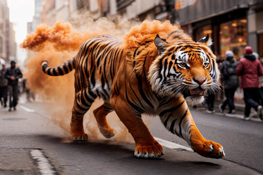 A orange smoke  super Tiger running extremely fast on   Feture bcity street, Generative AI Illustrationplosion
