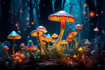 Colorful hallucinogenic mushrooms in enchanting forest. Generative AI