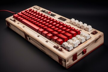 Keyboard made of wood with red and ivory colors. Generative AI