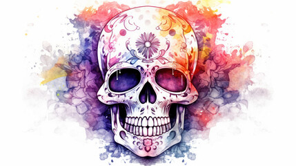 Watercolor painting in shades of light gray of a sugar skull or Mexican catrina. Day of the Dead