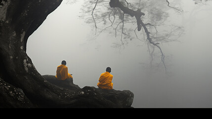 Group of Buddhist monks in meditation with beautiful nature background - obrazy, fototapety, plakaty