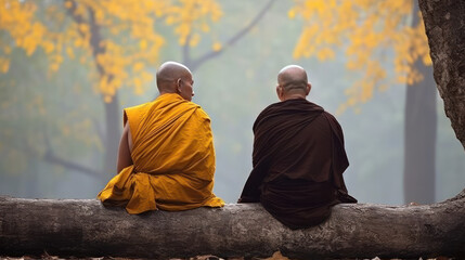 Group of Buddhist monks in meditation with beautiful nature background