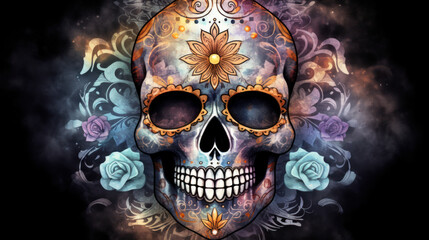 Watercolor painting in shades of dark gray of a sugar skull or Mexican catrina. Day of the Dead