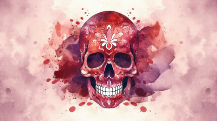 Watercolor painting in shades of maroon of a sugar skull or Mexican catrina. Day of the Dead