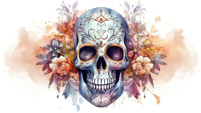 Watercolor painting in shades of light gray of a sugar skull or Mexican catrina. Day of the Dead