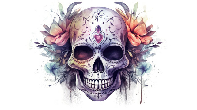 Watercolor painting in shades of gray of a sugar skull or Mexican catrina. Day of the Dead