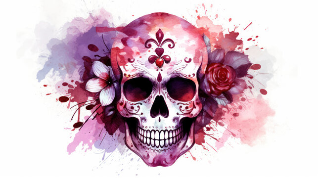 Watercolor painting in shades of maroon of a sugar skull or Mexican catrina. Day of the Dead