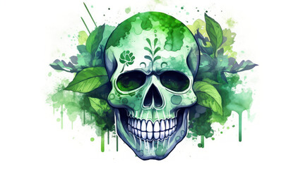 Fototapeta premium Watercolor painting in shades of green of a sugar skull or Mexican catrina. Day of the Dead
