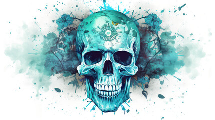 Watercolor painting in shades of cyan of a sugar skull or Mexican catrina. Day of the Dead