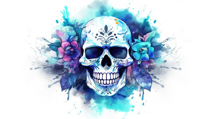 Fototapeta premium Watercolor painting in shades of blue of a sugar skull or Mexican catrina. Day of the Dead