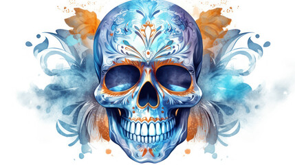 Fototapeta premium Watercolor painting in shades of blue of a sugar skull or Mexican catrina. Day of the Dead