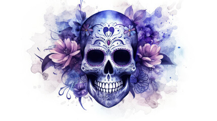 Watercolor painting in shades of indigo of a sugar skull or Mexican catrina. Day of the Dead