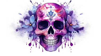 Fototapeta premium Watercolor painting in shades of violet of a sugar skull or Mexican catrina. Day of the Dead