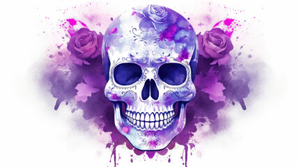 Watercolor painting in shades of violet of a sugar skull or Mexican catrina. Day of the Dead