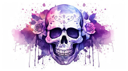 Fototapeta premium Watercolor painting in shades of violet of a sugar skull or Mexican catrina. Day of the Dead
