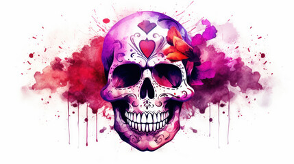 Watercolor painting in shades of fuchsia of a sugar skull or Mexican catrina. Day of the Dead