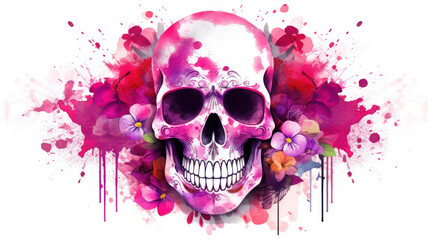 Watercolor painting in shades of fuchsia of a sugar skull or Mexican catrina. Day of the Dead