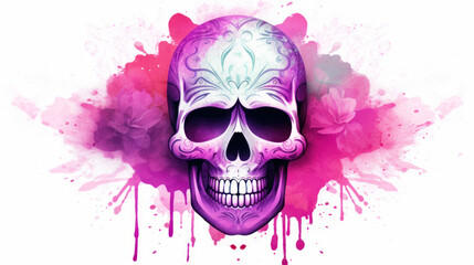 Fototapeta premium Watercolor painting in shades of magenta of a sugar skull or Mexican catrina. Day of the Dead