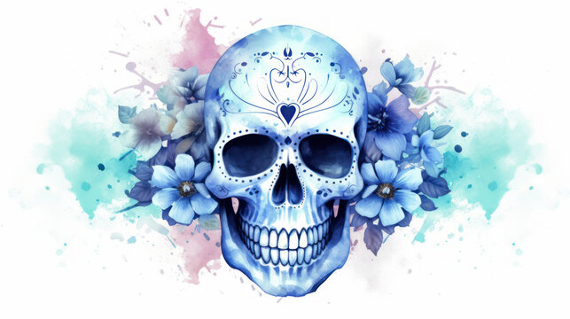 Watercolor painting in shades of blue of a sugar skull or Mexican catrina. Day of the Dead