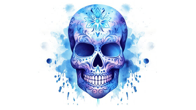 Watercolor painting in shades of blue of a sugar skull or Mexican catrina. Day of the Dead