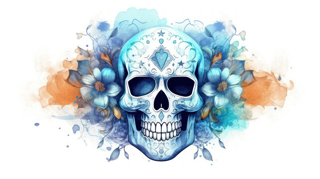 Watercolor painting in shades of blue of a sugar skull or Mexican catrina. Day of the Dead