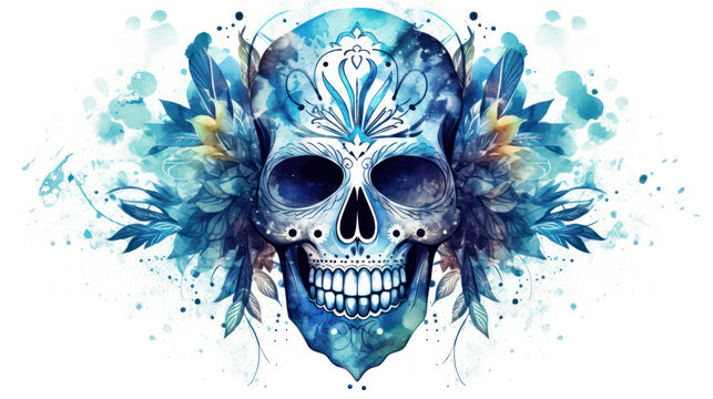 Watercolor painting in shades of blue of a sugar skull or Mexican catrina. Day of the Dead