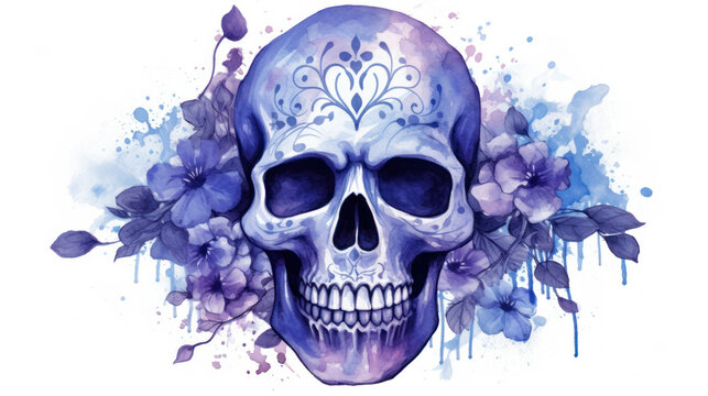 Watercolor painting in shades of indigo of a sugar skull or Mexican catrina. Day of the Dead
