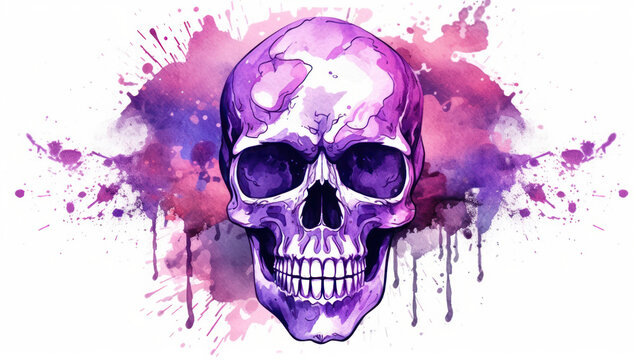 Watercolor painting in shades of purple of a sugar skull or Mexican catrina. Day of the Dead