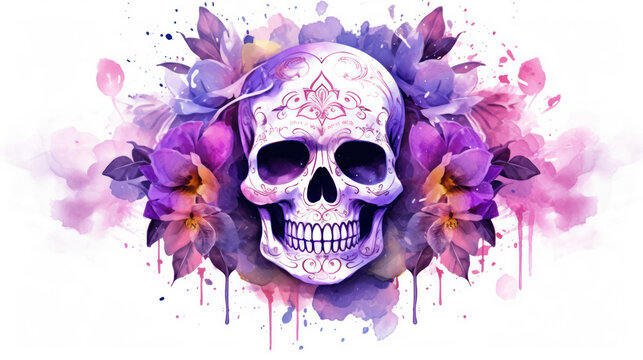 Watercolor painting in shades of violet of a sugar skull or Mexican catrina. Day of the Dead