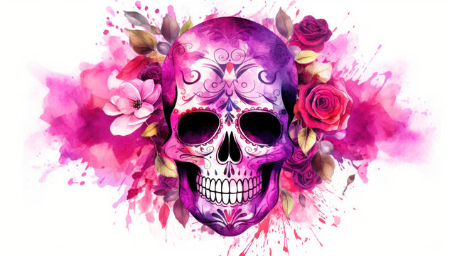 Watercolor painting in shades of fuchsia of a sugar skull or Mexican catrina. Day of the Dead