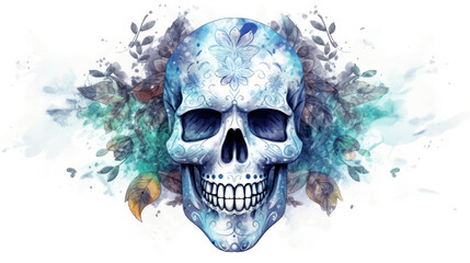 Fototapeta premium Watercolor painting in shades of azure of a sugar skull or Mexican catrina. Day of the Dead
